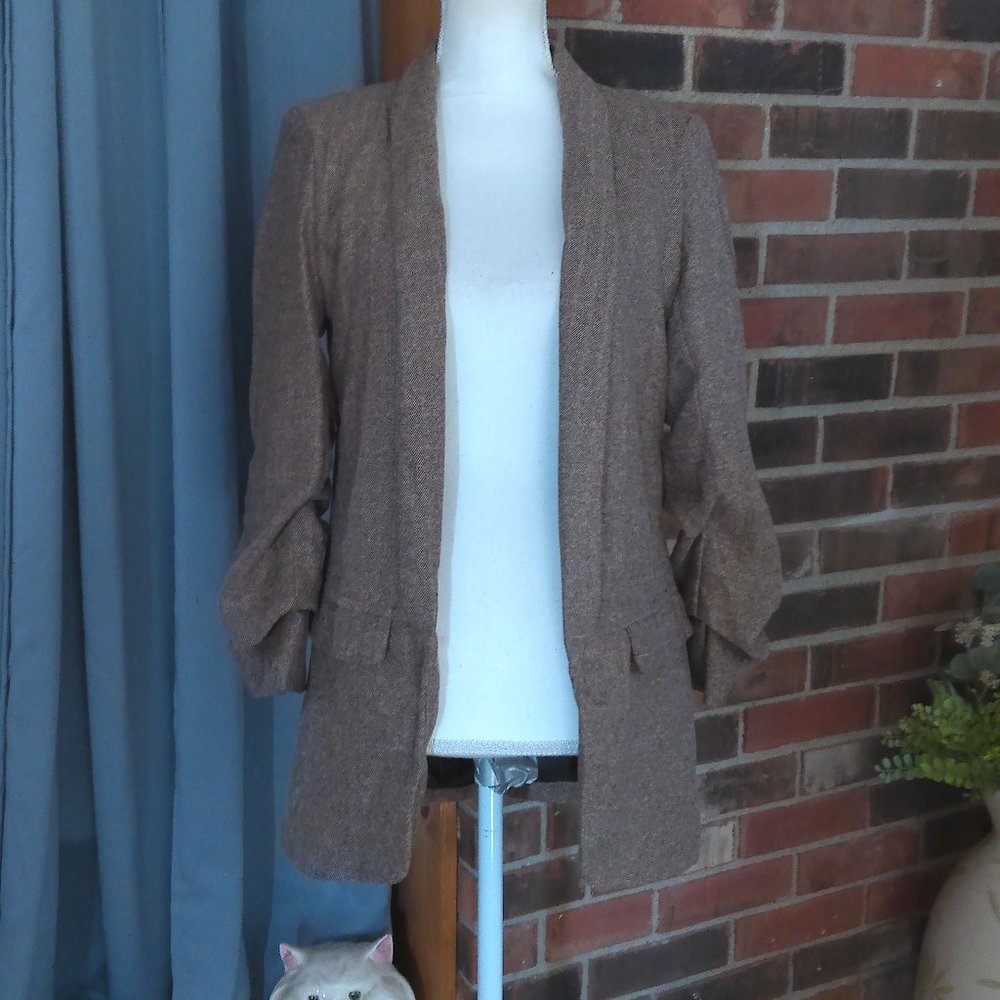 Ruched Sleeve Solid Open Front Blazer S